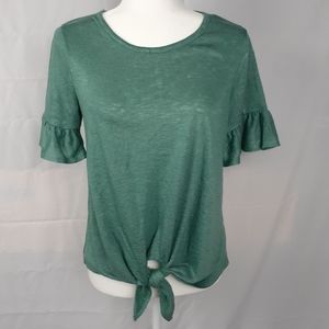 Bobeau Tie Front Top Ruffle Sleeve Teal Blue S